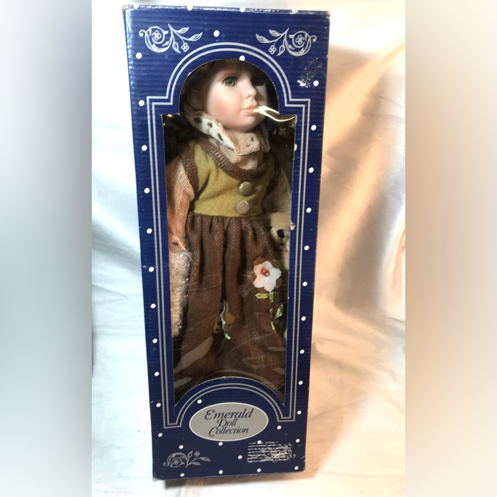 Vintage Emerald Doll Collection Mandy Porcelain Doll w Box Tag & Teddy Bea